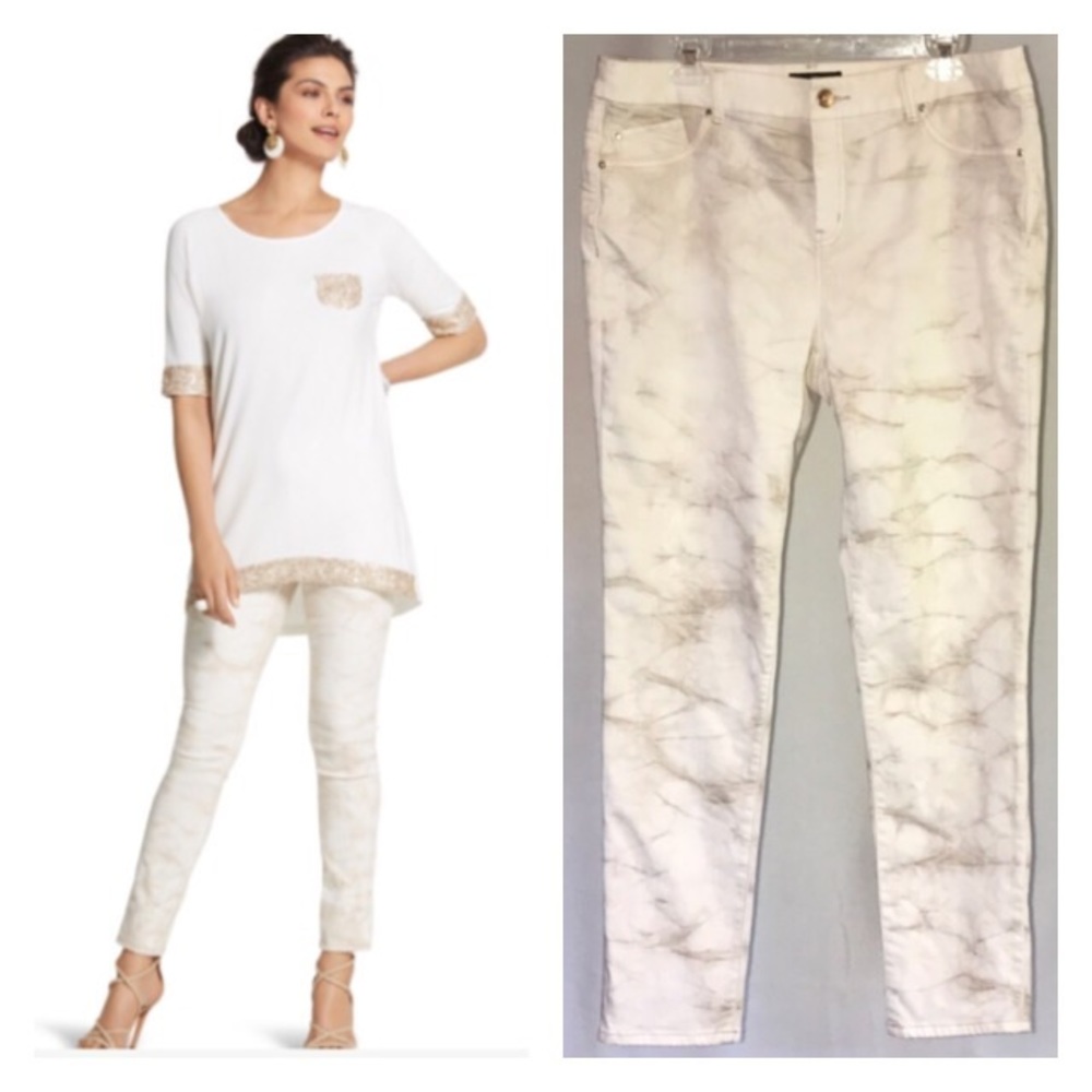 Chicos So Slimming Cream Brown Tie Dye Pants Putty